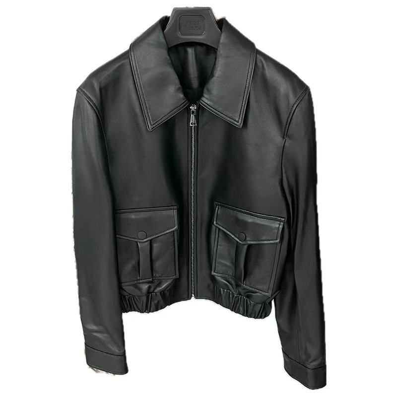 Chaqueta de piel de oveja de cuero real y natural para mujer con cuello vuelto color negro y moda aut a prueba de viento y agua