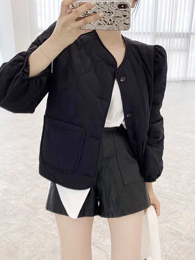 Chic Autumn Winter Thickened Casual Long Sleeve round Neck Women's Cotton Jacket Outerwear Single Button Versatile Loose Fit