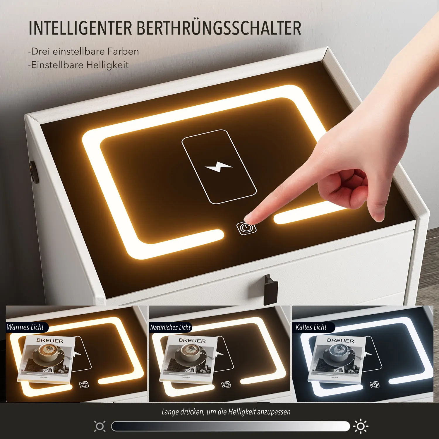 Comodino intelligente Oyajia con ricarica wireless, comodino con luce LED, comodino a 2 cassetti, comodino a LED per soggiorno
