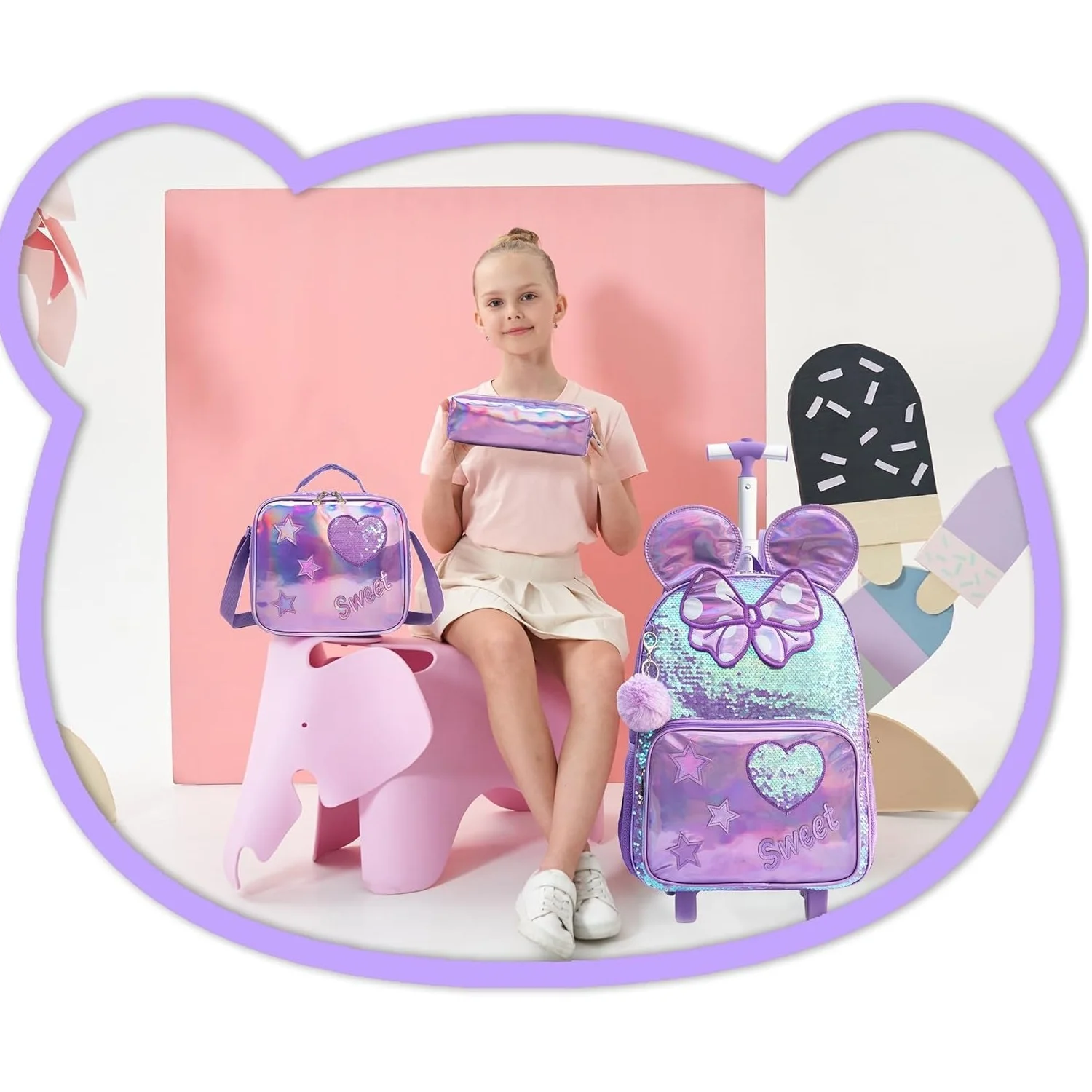 Schultaschen 3PCS Nette Mädchen Roll Trolley Rucksack Primäre Kinder Rucksäcke Mädchen mit Rädern Zurück Zu Schule Student Taschen
