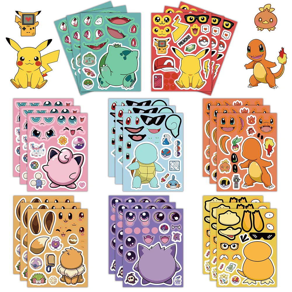 6/8/12/16 แผ่น Pokemon ปริศนาสติกเกอร์เด็ก Make a Face Pikachu Gengar อะนิเมะประกอบจิ๊กซอว์เด็ก DIY เกมตกแต่ง