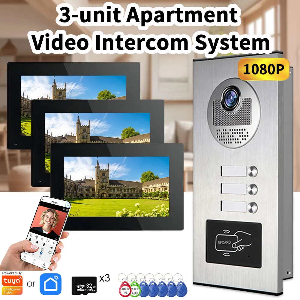 Campainha de vídeo porteiro para apartamentos de 3 unidades com cartão RFID desbloqueio 4 sistema de telefone de porta de vídeo com fio 1080P TUYA Smart
