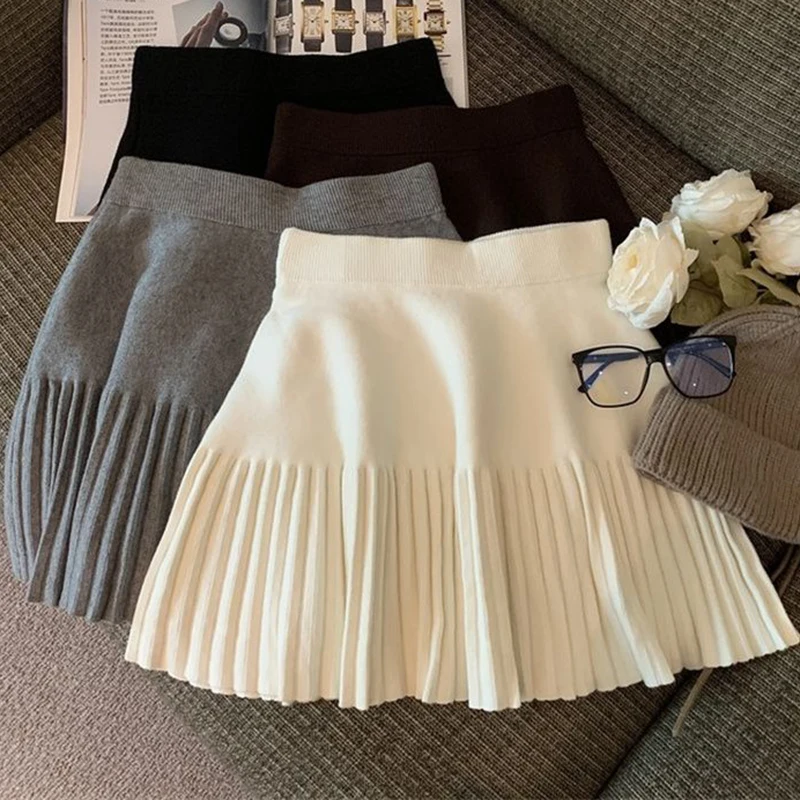 Minifaldas plisadas coreanas, faldas de punto dulces, dulce cintura elástica, informal, juvenil, ropa de mujer, moda sólida, nuevo