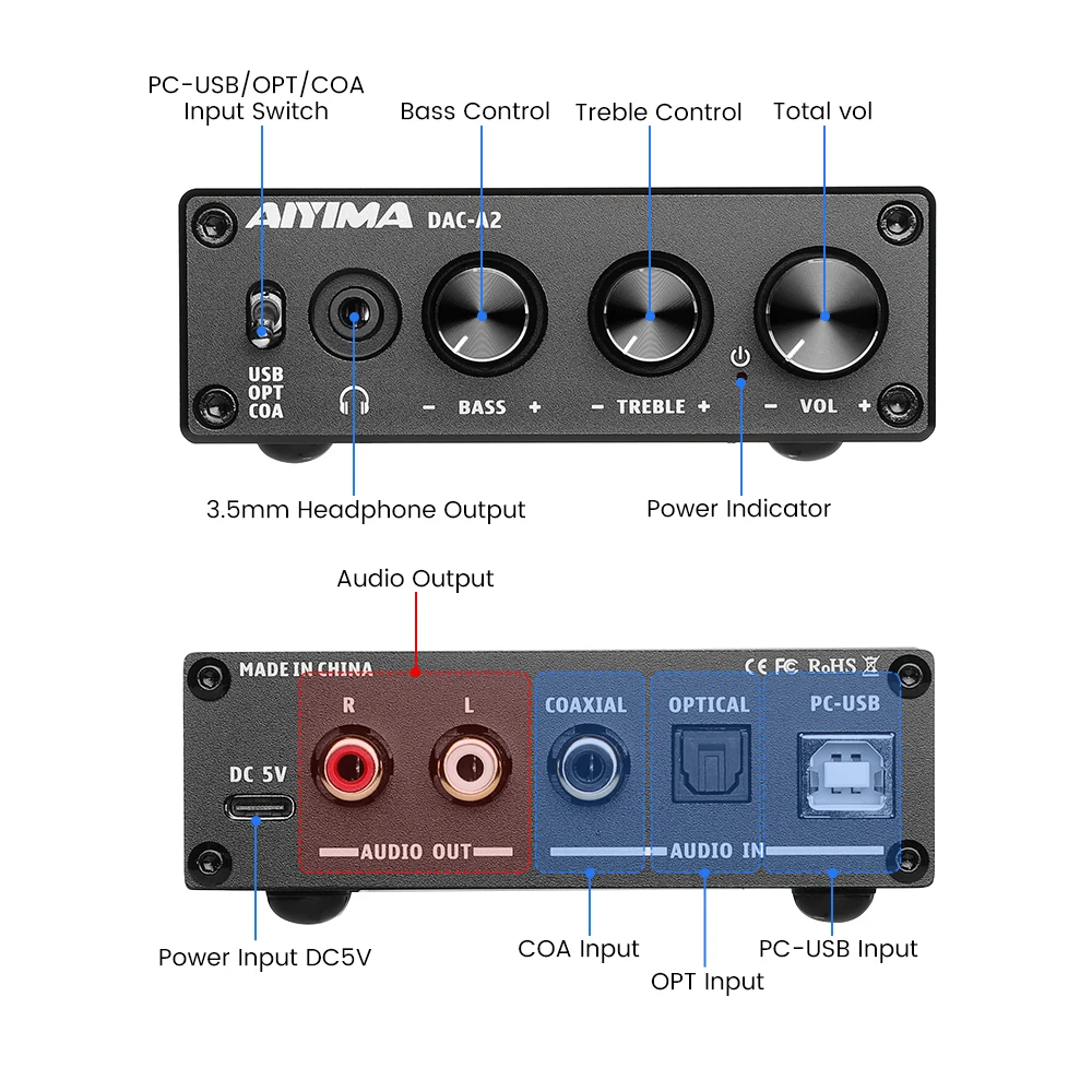 AIYIMA HiFi Bộ Giải Mã Âm Thanh USB DAC Bộ Khuếch Đại Tai Nghe Đồng Trục Quang Học Đầu Ra Stereo Chơi Game Đắc Cho Khuếch Đại Hoạt Động Loa