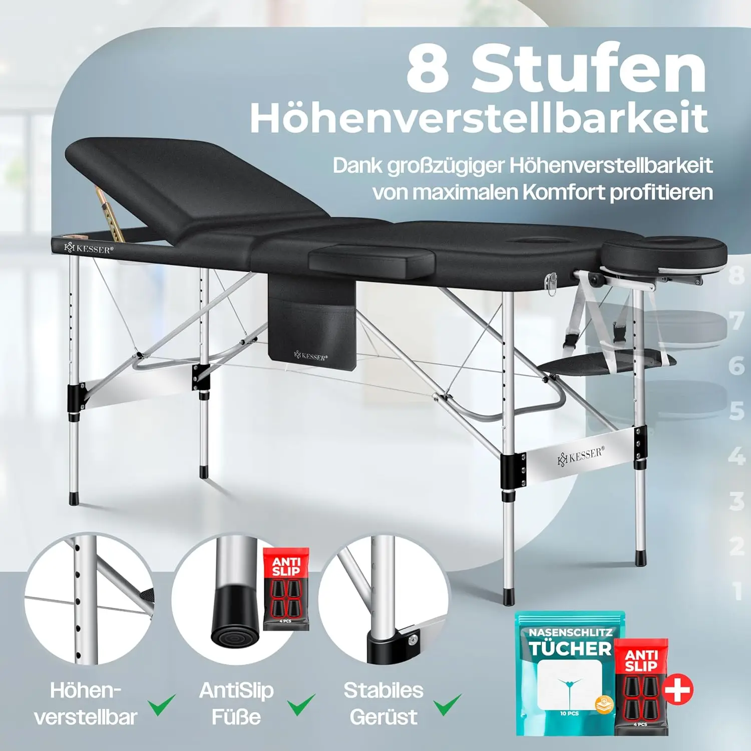 Mobile Massage Table klappbar & height adjustable 3-Zonen Massage Bed Massage Table Kosmetikliege Breit Therapyeliege Alumi