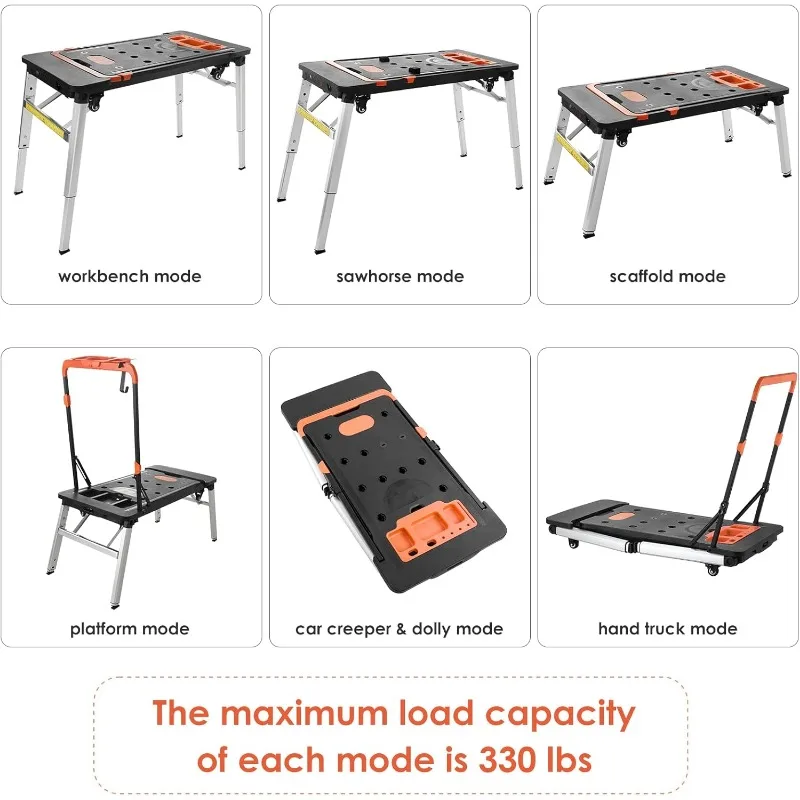Multifunctional Folding Work Table, 7 in 1 Work Benches for Garage, as Portable Workbench, Sawhorse, Scaffold, with 4 Wheels