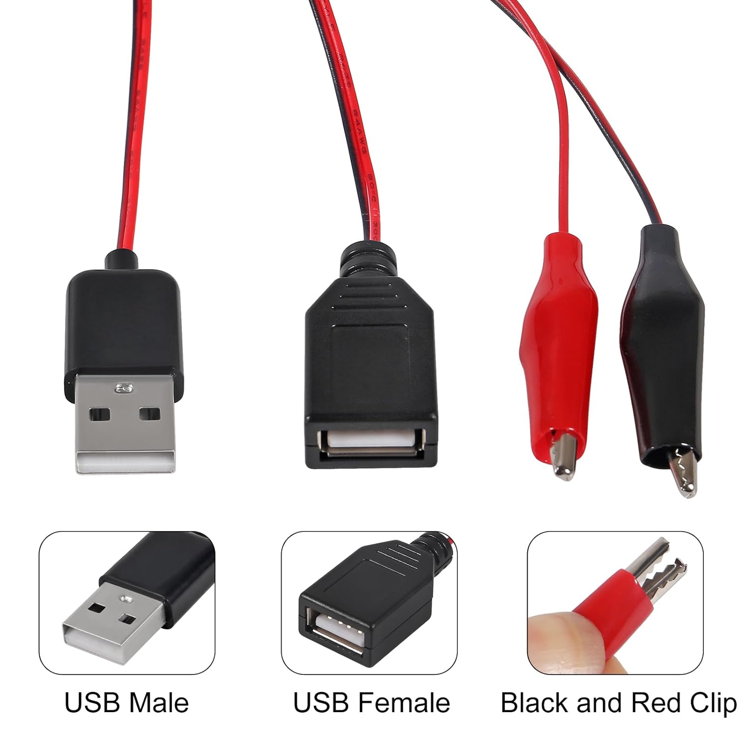 Cable adaptador USB a pinza de cocodrilo, Cable USB macho hembra a sonda con pinza de cocodrilo, Cables USB con pinza de cocodrilo para prueba de circuito, 2 uds.