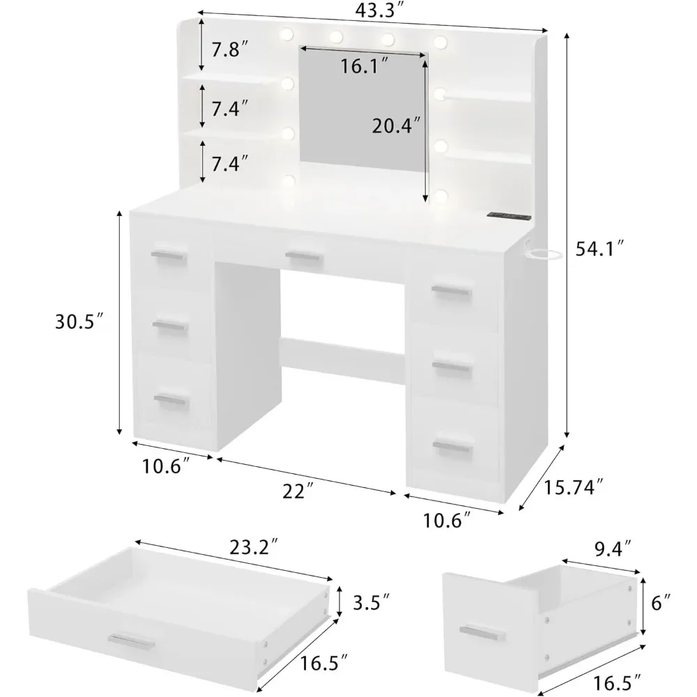 Vanity Desk with Mirror, LED Lights and Power Outlet Makeup Vanity Table with 7 Drawers and 6 Storage Shelves Dressing Table