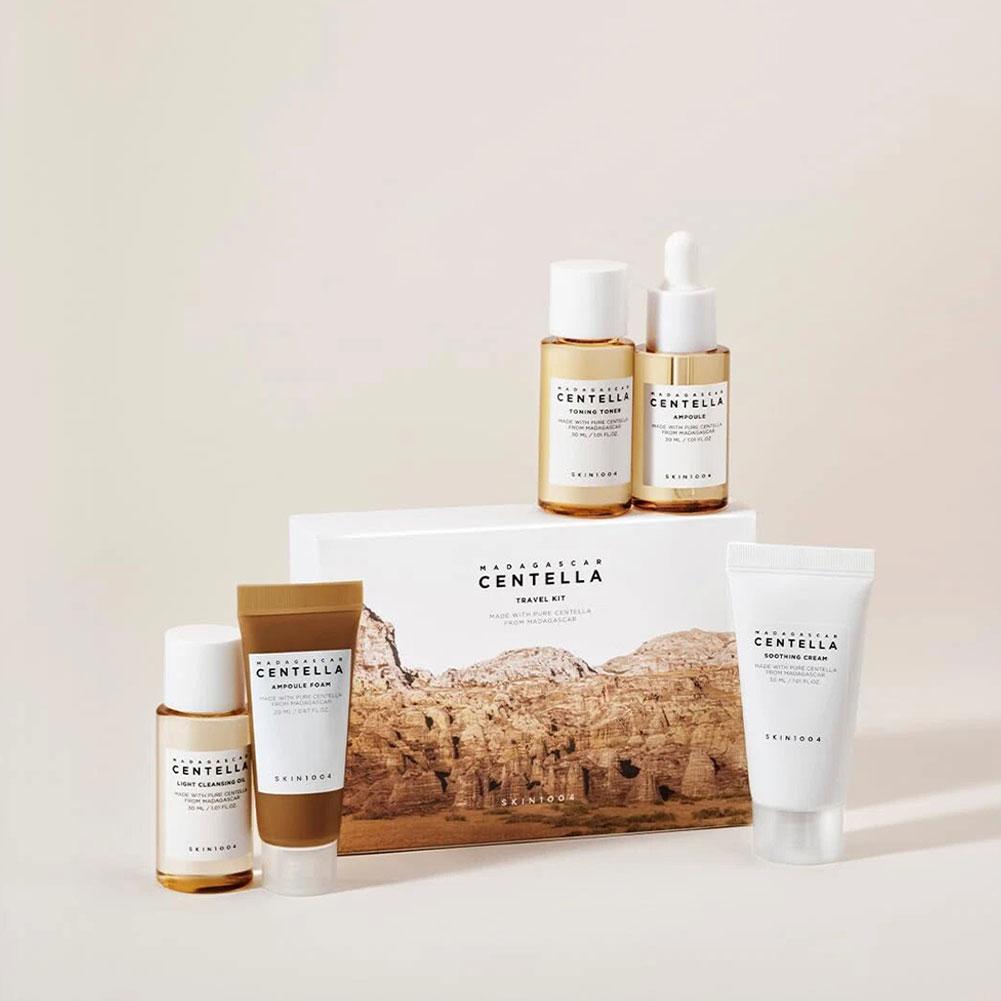 SKIN1004 Centella Asiatica Set de viaje para el cuidado de la piel (tóner de 30 ml, esencia de 30 ml, limpiador de 20 ml, crema de 30 ml, aceite desmaquillante de 30 ml)