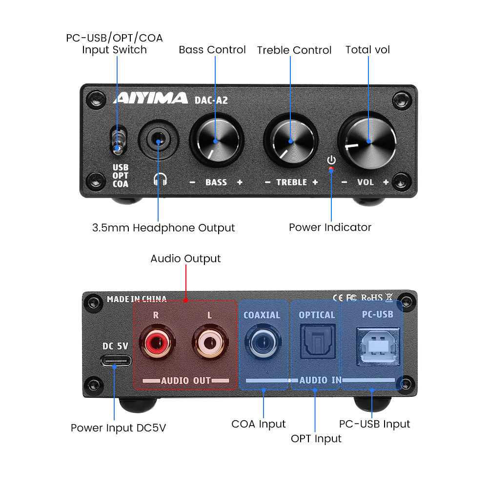 Aiyima dac a2 decodificador de áudio fibra coaxial usb decodificador baixo agudos ajuste dac com amplificador de fone de ouvido para home sound theater