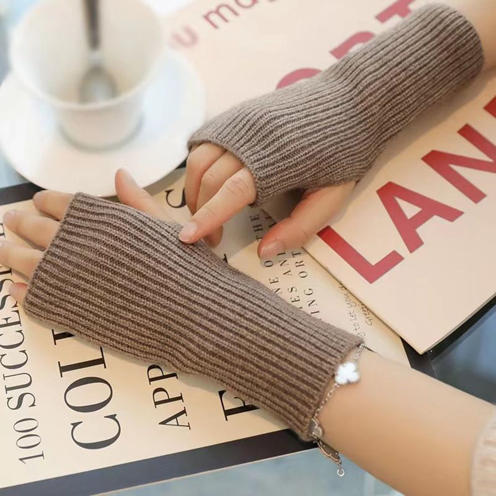 1 par Otoño Invierno mangas cortas guantes de medio dedo para mujer guantes sin dedos tejidos de Color sólido mitones calentadores de manos