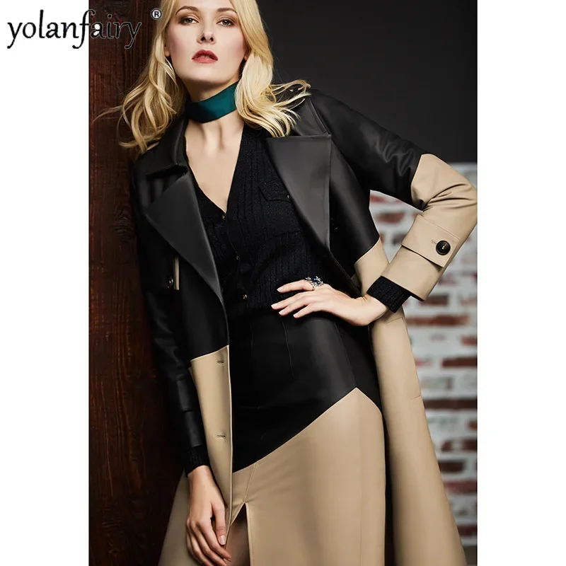 YOLANFAIRY vrouwen Echt Leren Jas Herfst Contrast Kleur Middellange Lederen Jassen Mode Riem Echte Schapenvacht Jas Vrouw