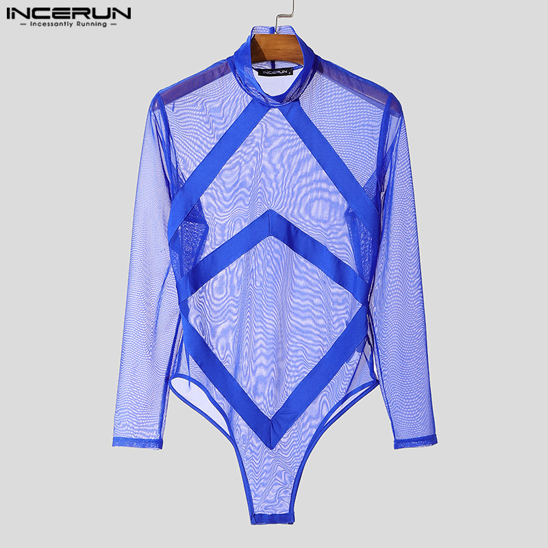 Monos informales a la moda para hombre, mono con diseño de correa de empalme de malla con perspectiva INCERUN, ropa de casa fina sexi para hombre, S-3XL
