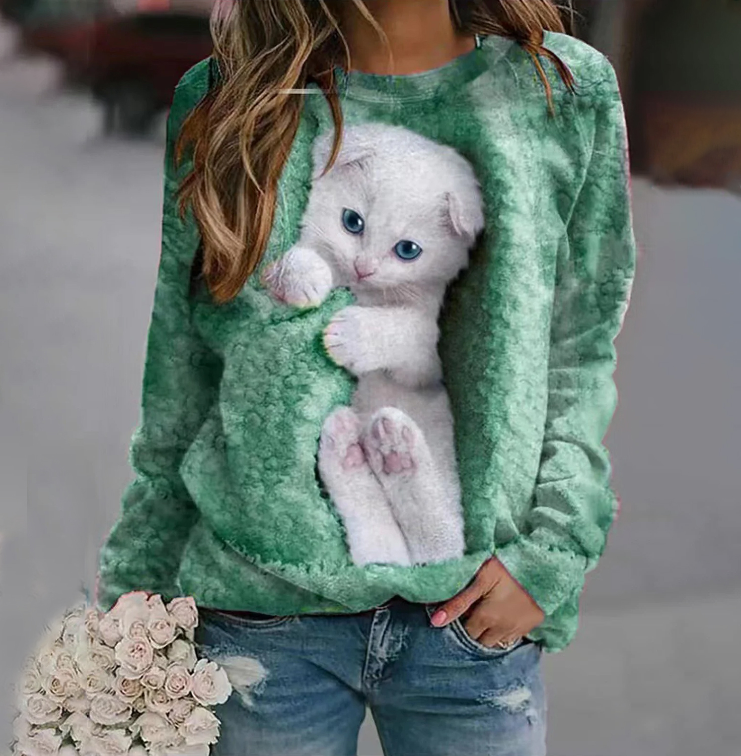 Moletom feminino pulôver gato rua casual branco esportes básico em torno do pescoço manga longa micro-elástico outono & inverno pull on topo