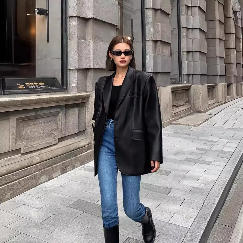 PU Leather Suit Jacket Women's 2024 Autumn and Winter New High Texture Loose Small Suit Jacket