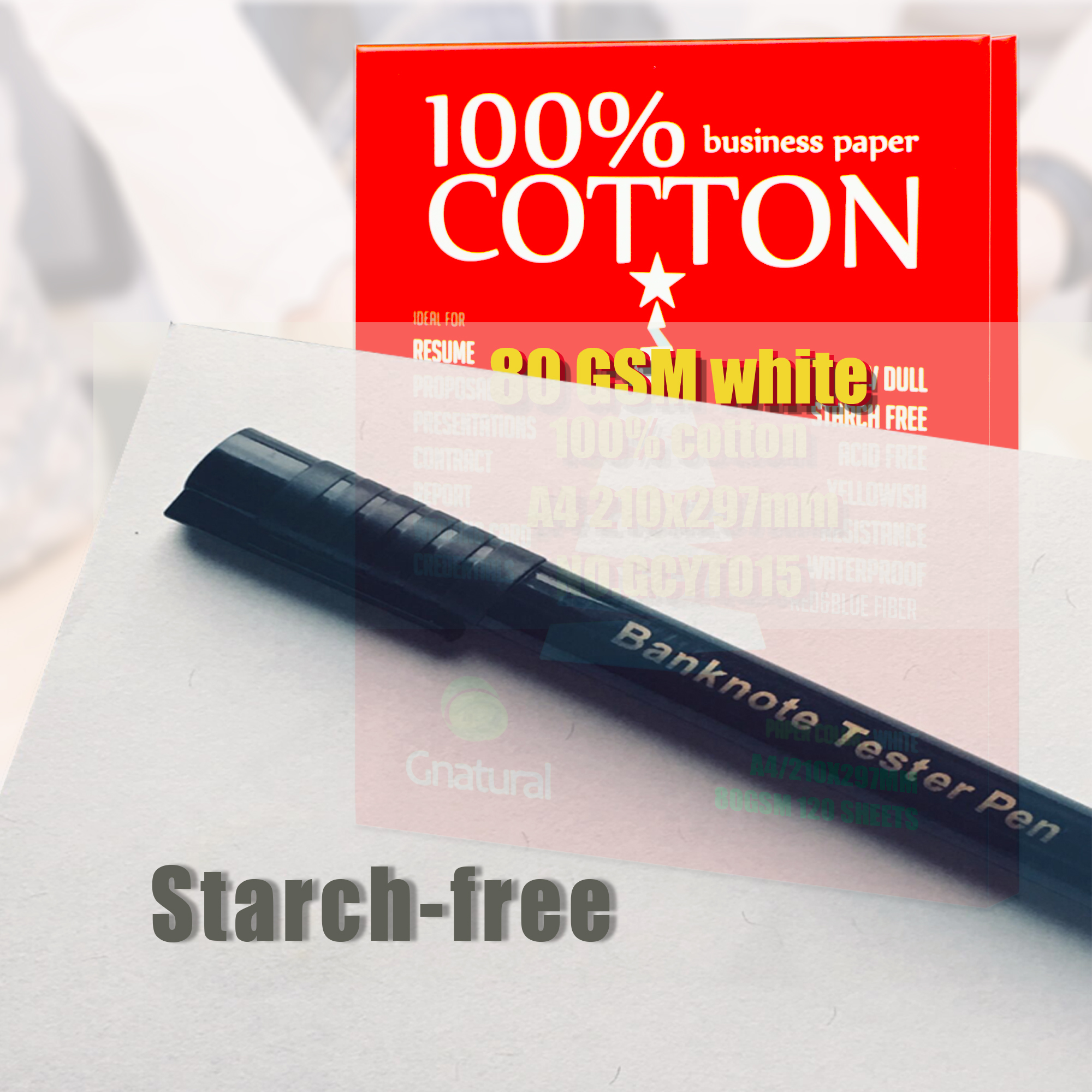 80gsm Papel 100% Algodón A4 210*297mm, Color Blanco, Sin Amido, Impermeable, 120 Hojas GCYT015