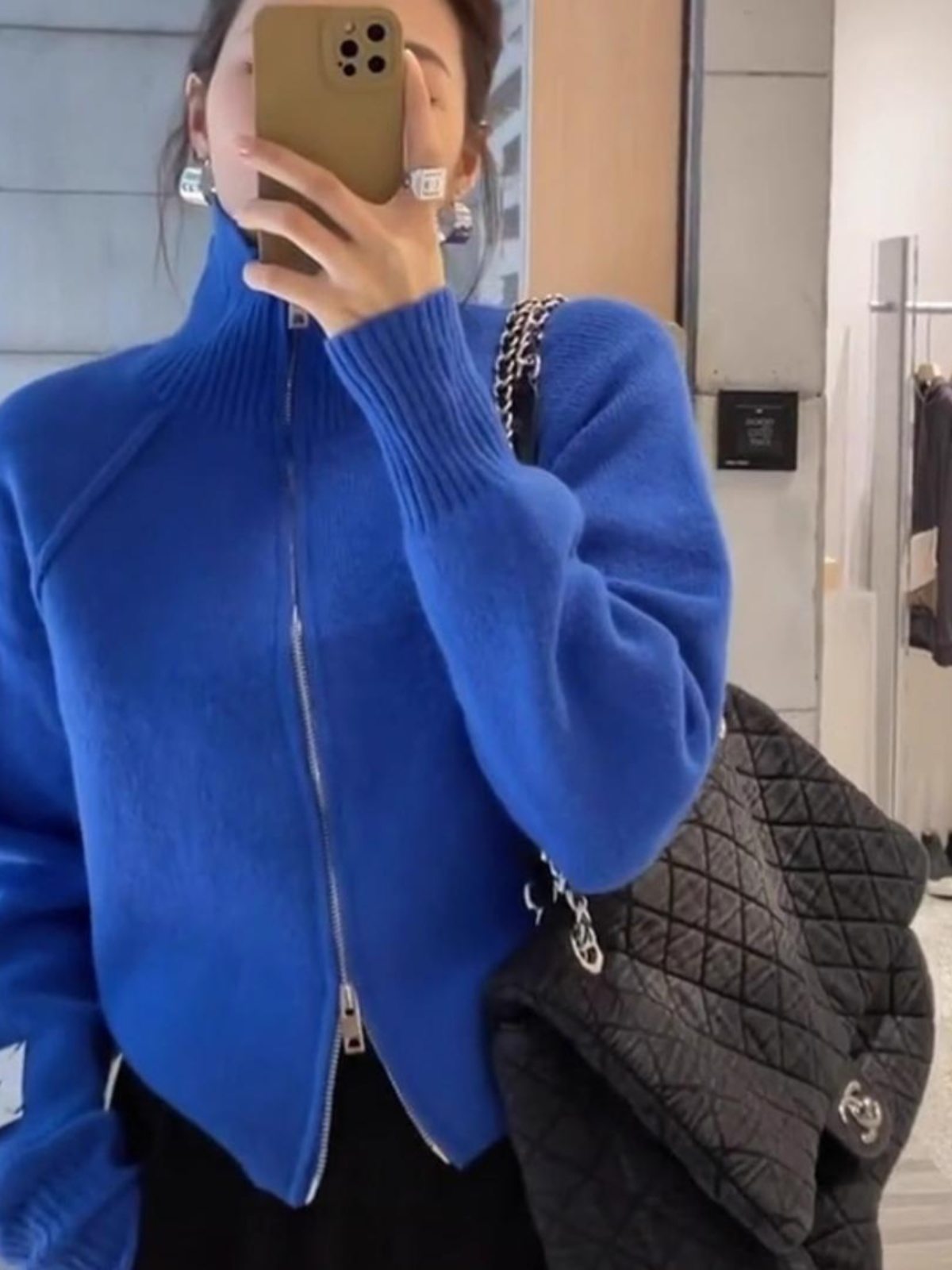 MD-ダブルジッパーニットアウター、ルーズトップ、モノクロ、秋冬ファッション