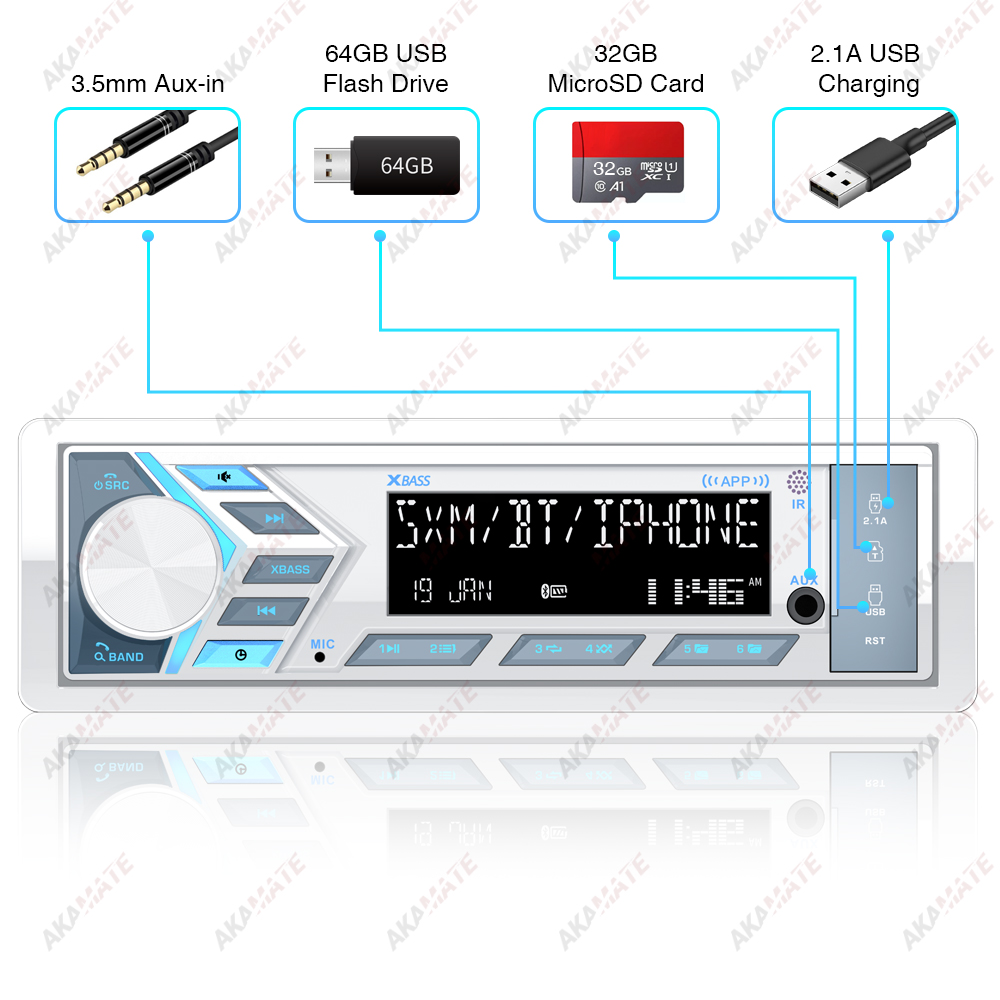 AKAMATE 1Din Radio de bateau pour RV ATV UTV SPA RZR lecteur stéréo multimédia marin Bluetooth AUX USB avec télécommande Radio FM AM