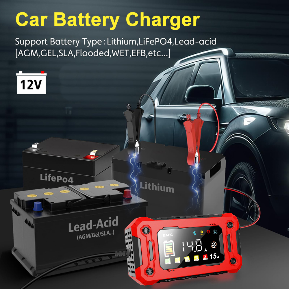 EAFC 12V Autobatterieladegerät 8A/15A Großer Bildschirm Pluse Reparaturladegerät für Auto Moto SUV Lithium AGM Blei-Säure-GEL LCD-Display