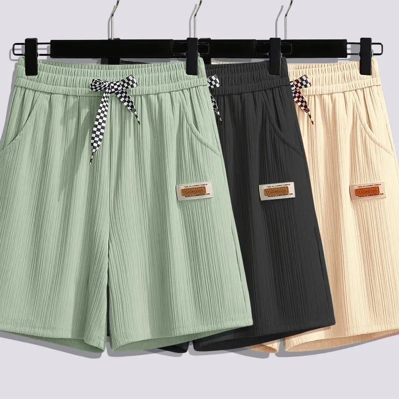 Ice silk shorts, women's summer thin slim, loose high-waisted straight mid pants, casual wide-leg pants, cropped pants