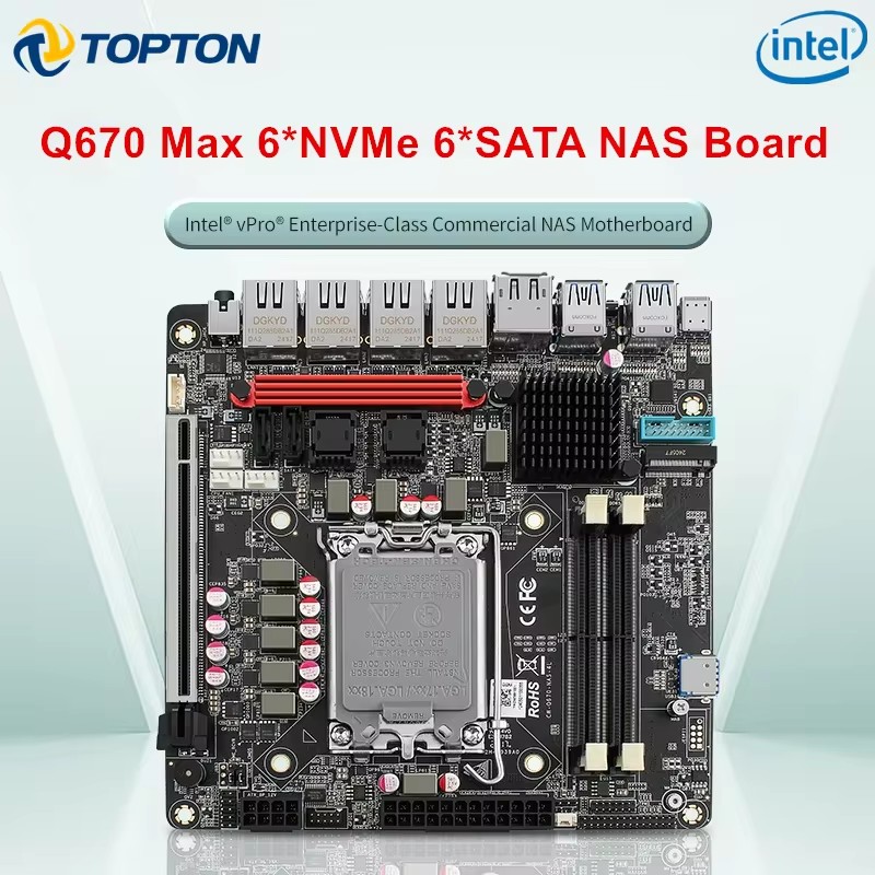 Intel vPro Q670 NAS Mainboard Max 6*NVMe 6*SATA3.0 12/13/14th Gen LGA1700 PCIE5.0x16 2*DDR5 4*2,5G LAN Firewall ITX Motherboard