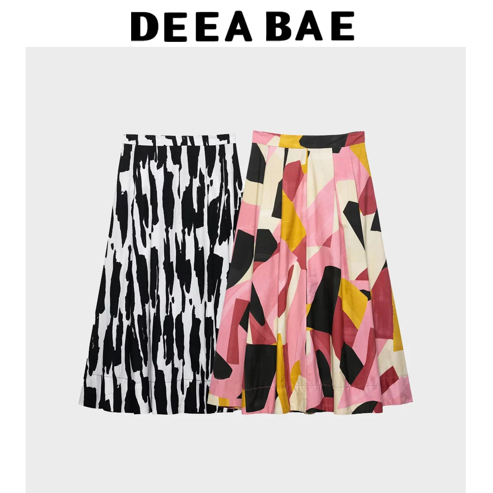 DEEABAE Primavera y novedad de verano Falda MIDI estampada de cintura alta con dobladillo acampanado y decoración plisada de algodón para mujer
