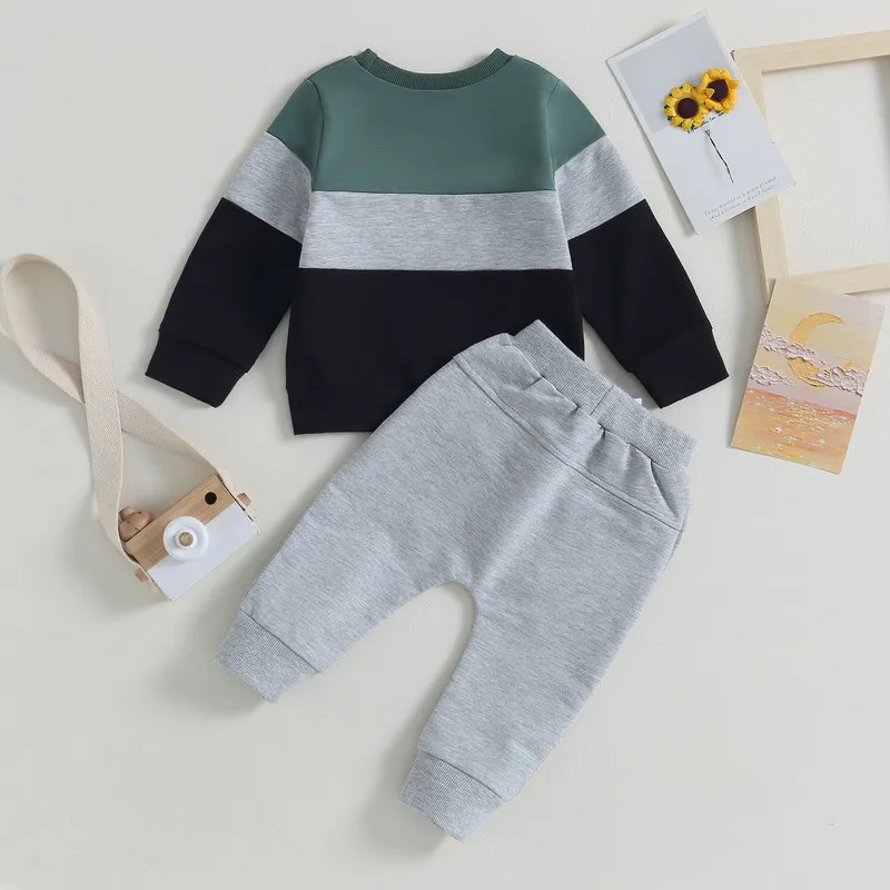 Set di pantaloni per neonato appena nato Vestiti autunnali Completi da 2 pezzi Felpa a maniche lunghe in colore a contrasto e pantaloni elastici Articoli per bambini