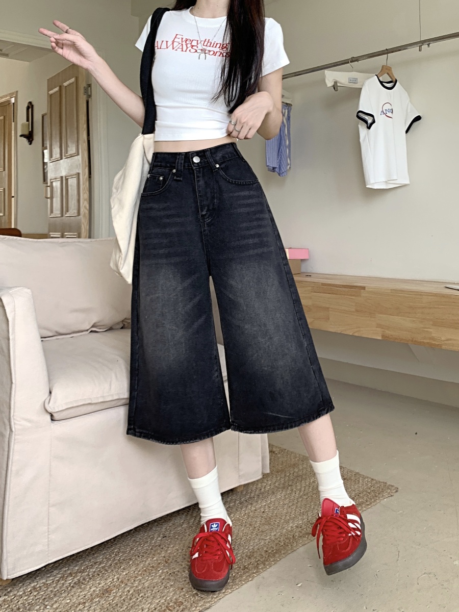 orts de Jeans de Cintura Alta com Corte Solto Estilo Americano para Mulheres, Calças Largas de Verão em Preto Profundo