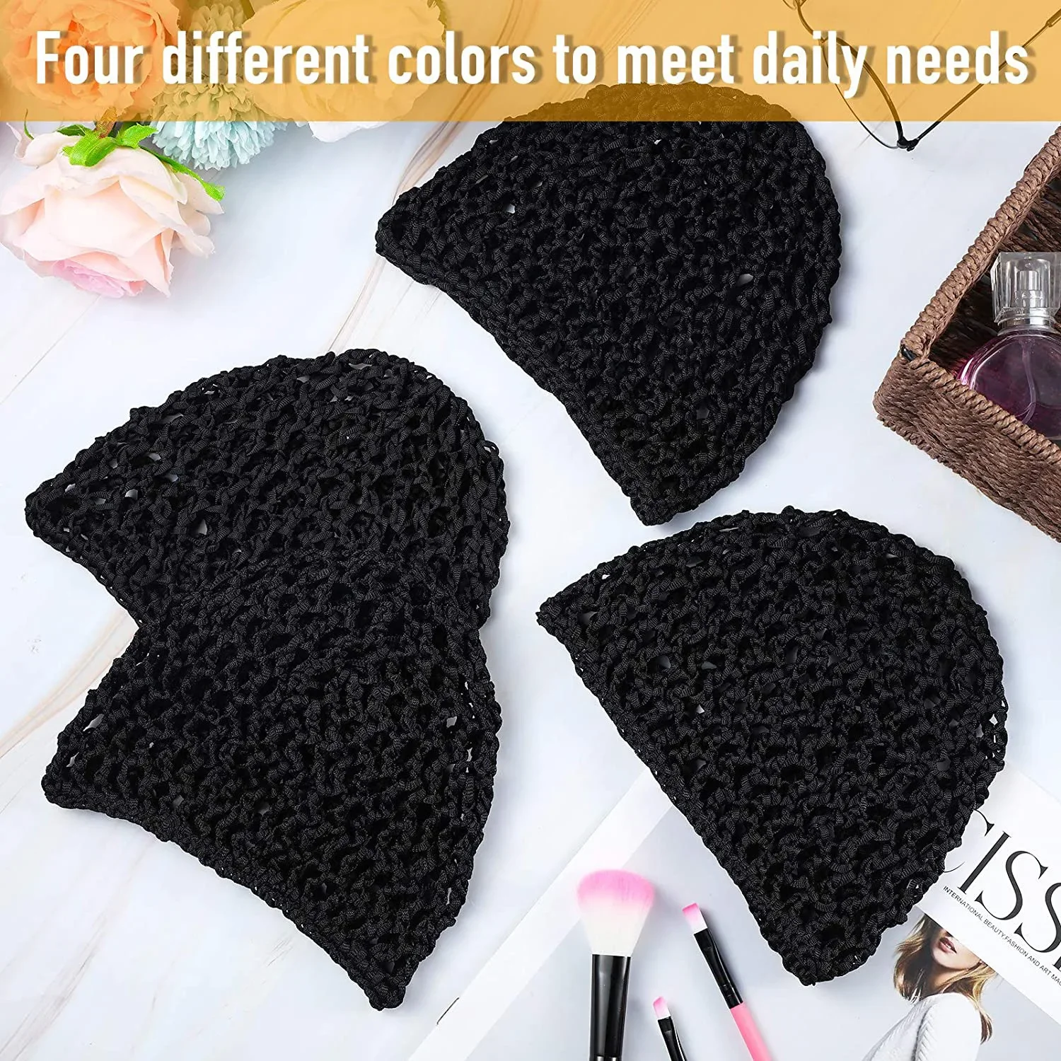 Gorros de peluca de algodón negro para peluca, gorro tejido, Base de malla hecha a máquina con correa ajustable, red para el pelo para dormir, 1-3 uds.