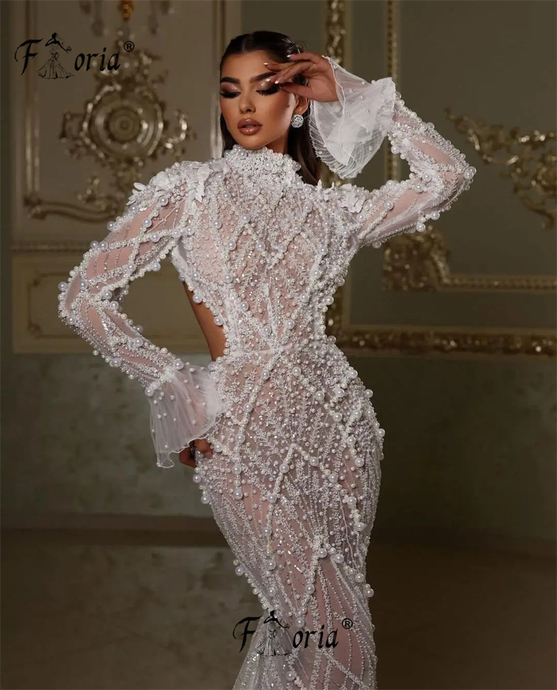 エレガントなアイボリー真珠レースのイブニングドレス長袖オープンバッククチュールウェディングパーティードレスビーチvestidosエレガントfeminino