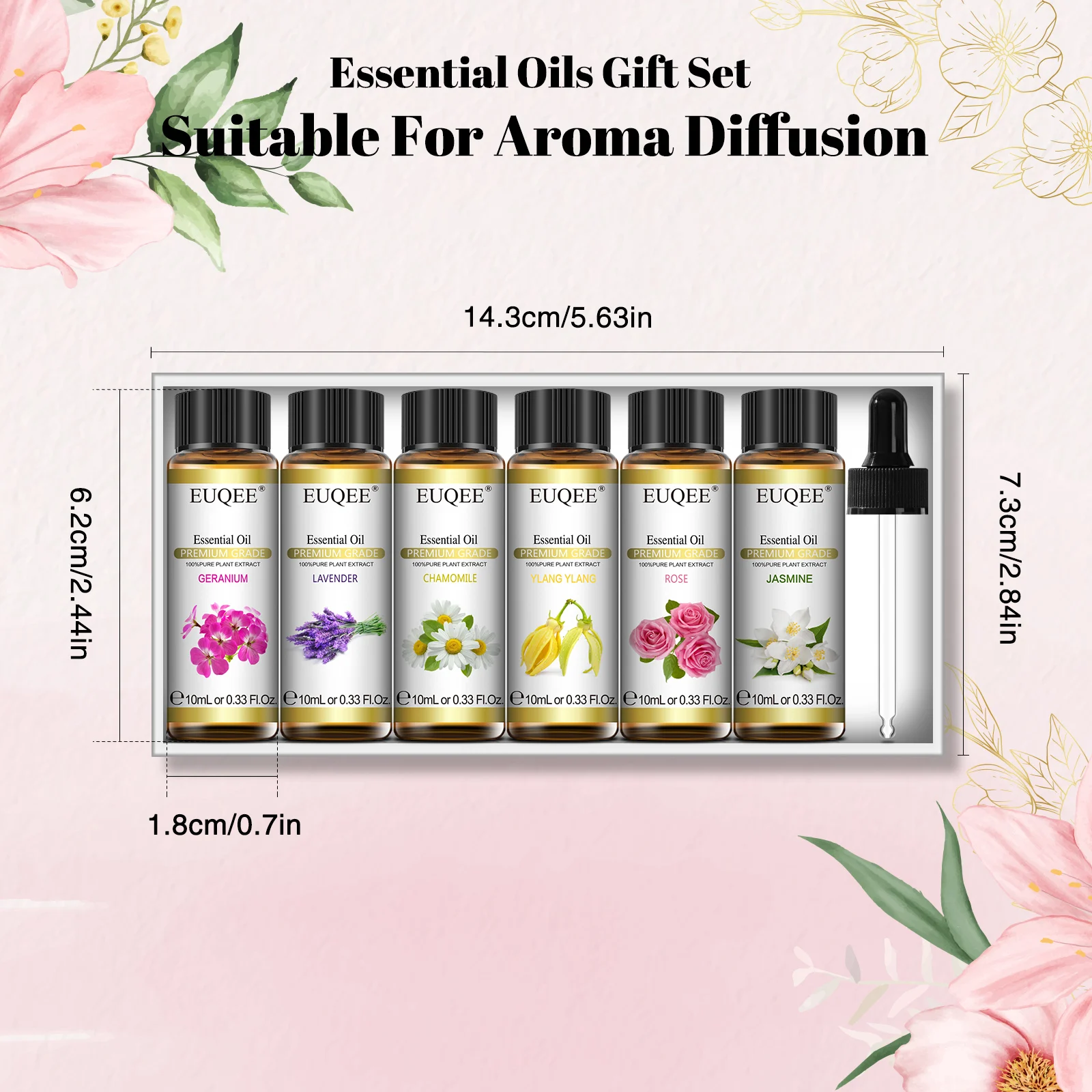EUQEE 6 ขวด Floral Series ชุดน้ํามันหอมระเหยสําหรับ Diffuser เทียนทํา-Rose Lavender Ylang Ylang จัสมิน Geranium Chamomile