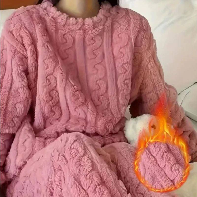 Conjunto de pijama quente jacquard de veludo coral macio para mulheres aconchegante loungewear outerwear para o inverno natal presente de volta às aulas ﻿
