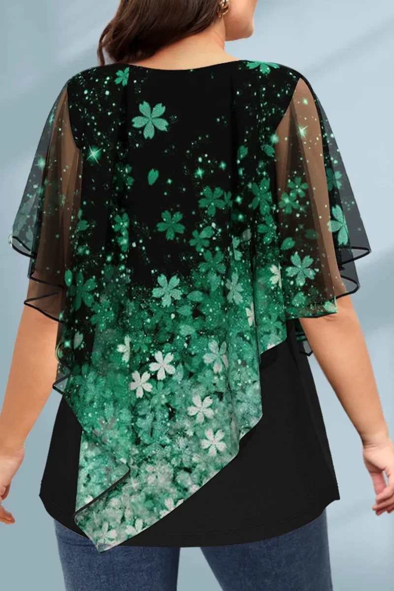 Damen-Bluse in Übergröße, Chiffon, Blumendruck, gefälschte zweiteilige asymmetrische Kurzarm-Rundhalsbluse, Sommer 2022, lässige Oberteile