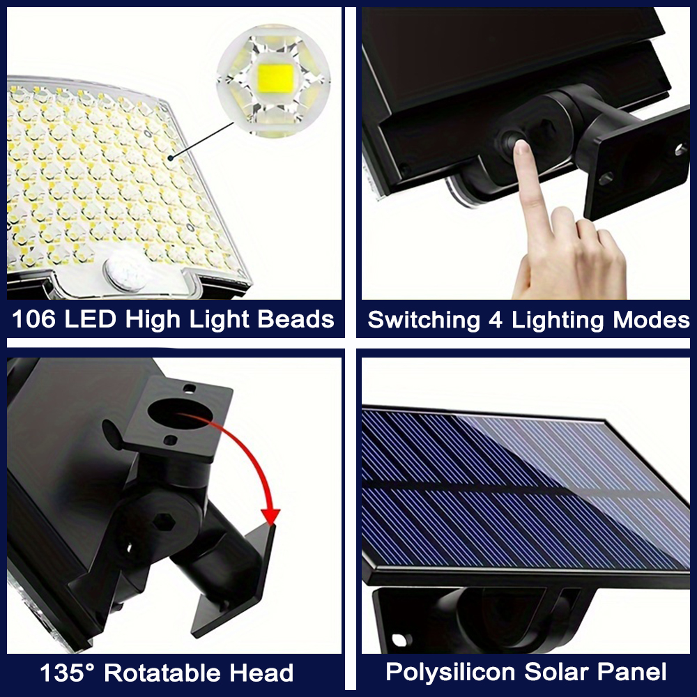 106 LED Solar Motion Light Outdoor Separate Panel Solar Flood Lights 3Light Modes for Garden Garage Street Lamp Outdoor Lighting