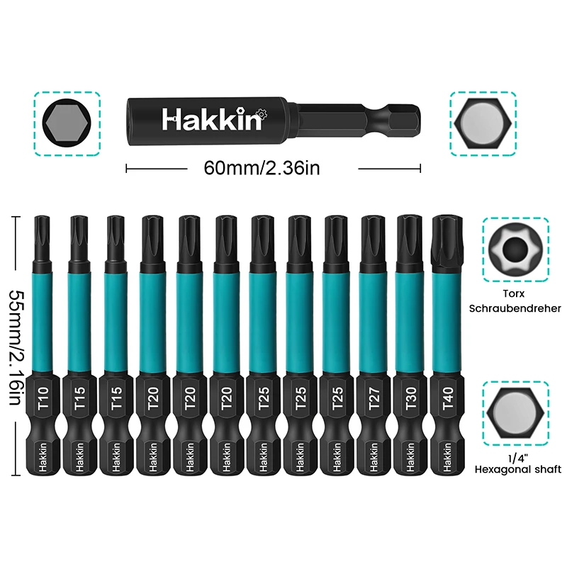 13Pcs 55mm Torx Bit Set with Bit Holder Security Torx Star Bits 1/4 Inch Hex Shank Magnetic Tamper Resistant Screwdriver Bit
