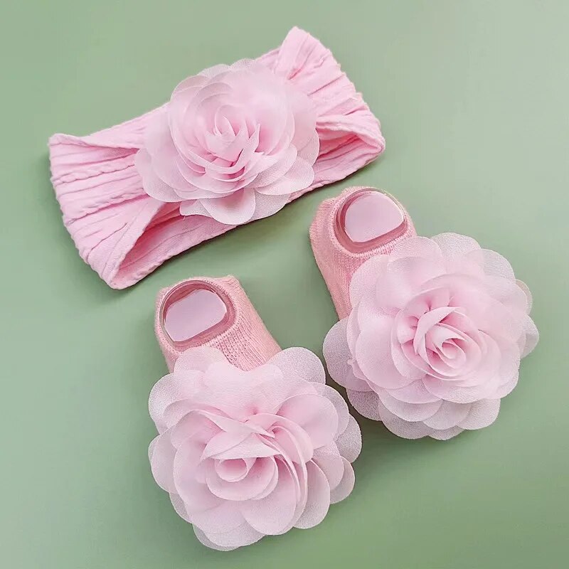 Calzini per bambini carini + fasce per capelli Set calzino in cotone antiscivolo Fiore di pizzo Fascia per capelli per neonato Turbante Accessori per capelli per ragazza
