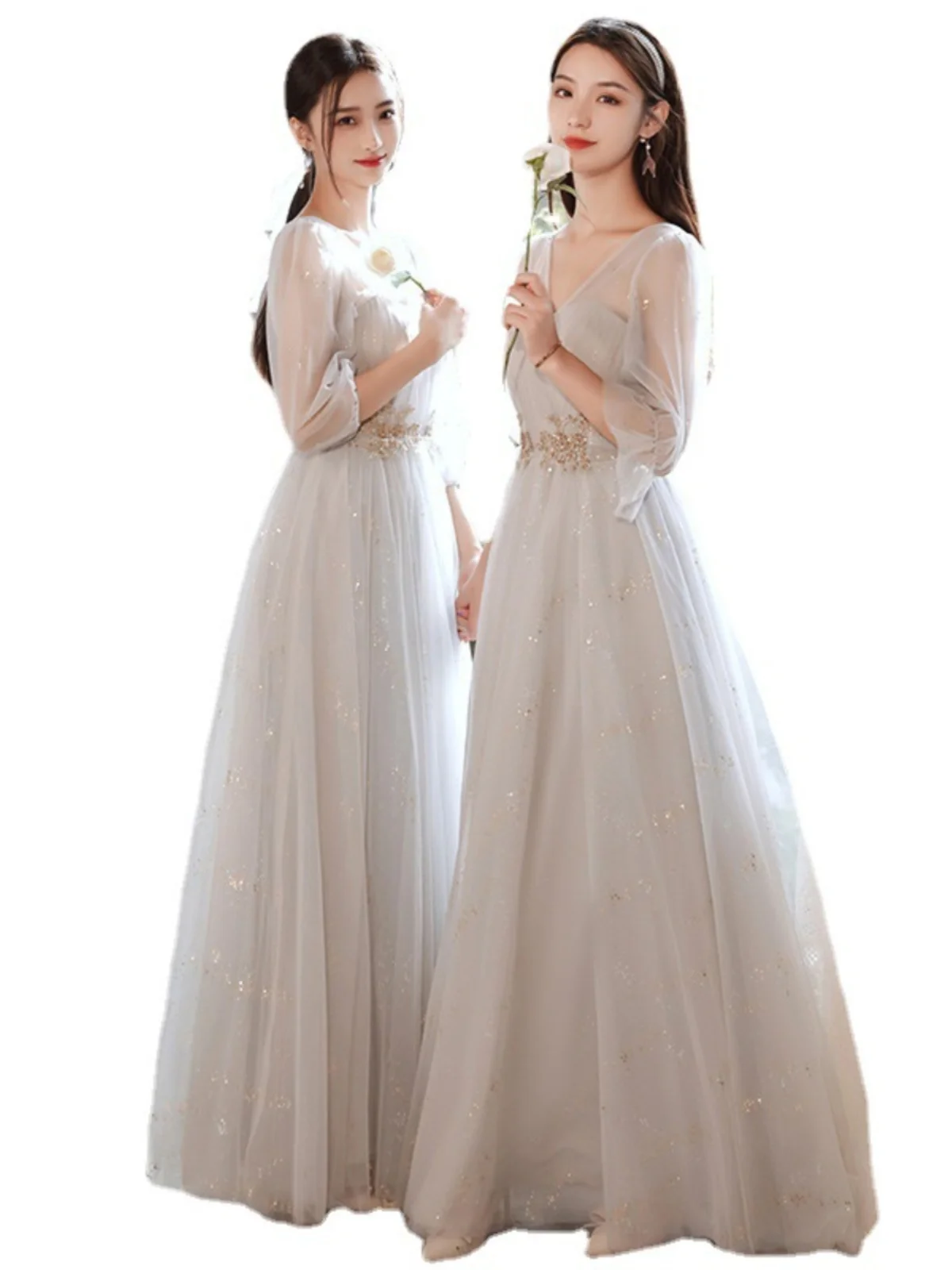 グレーロングウエディングドレス 2024 新スタイルメイド制服エレガントな学生卒業式妖精結婚式姉妹グループ衣装