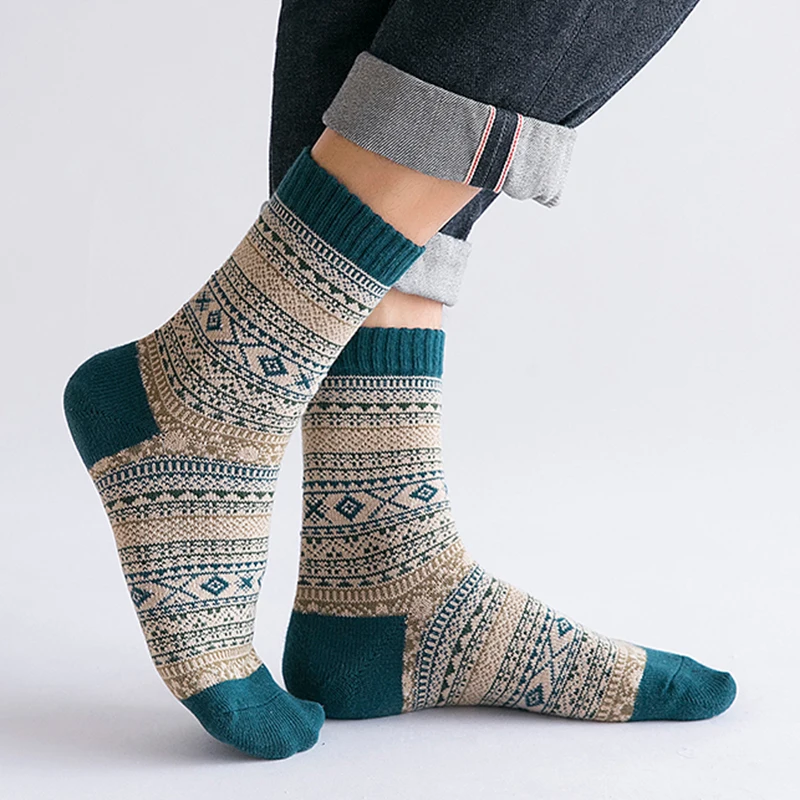 Marca HSS, 5 pares de calcetines de invierno para hombre, calcetines gruesos de lana de oveja, calcetines cálidos de estilo Retro para hombre, calcetines coloridos de moda para botas de nieve para hombre