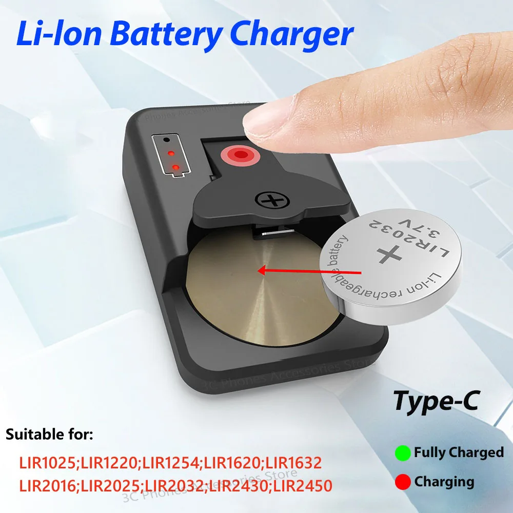 Cargador de batería recargable li-lon para LIR1025/1220/1254/1620/1632/2016/2025/2032/2430/2450 baterías de litio tipo C carga