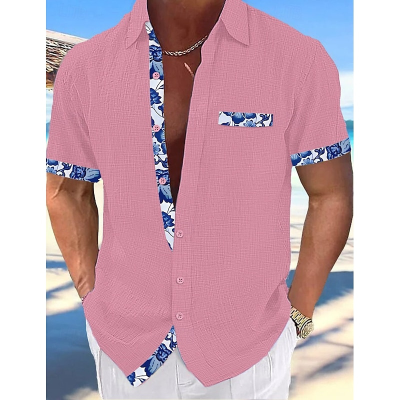 Herenoverhemd Linnen overhemd Zomershirt Strandkleding Overhemd met knopen Effen kleur Vakantie Zwart Wit Roze Marine Korte mouw Revers XS-5XL