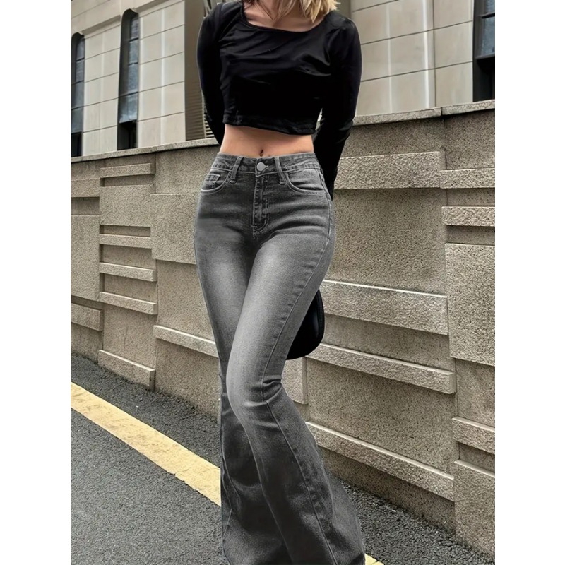 Damen-Stretch-Jeans, grau, schmale Passform, Bootcut-Flare-Hose, schlichtes Design, vielseitige Mode, trendige Jeans, Damenhose