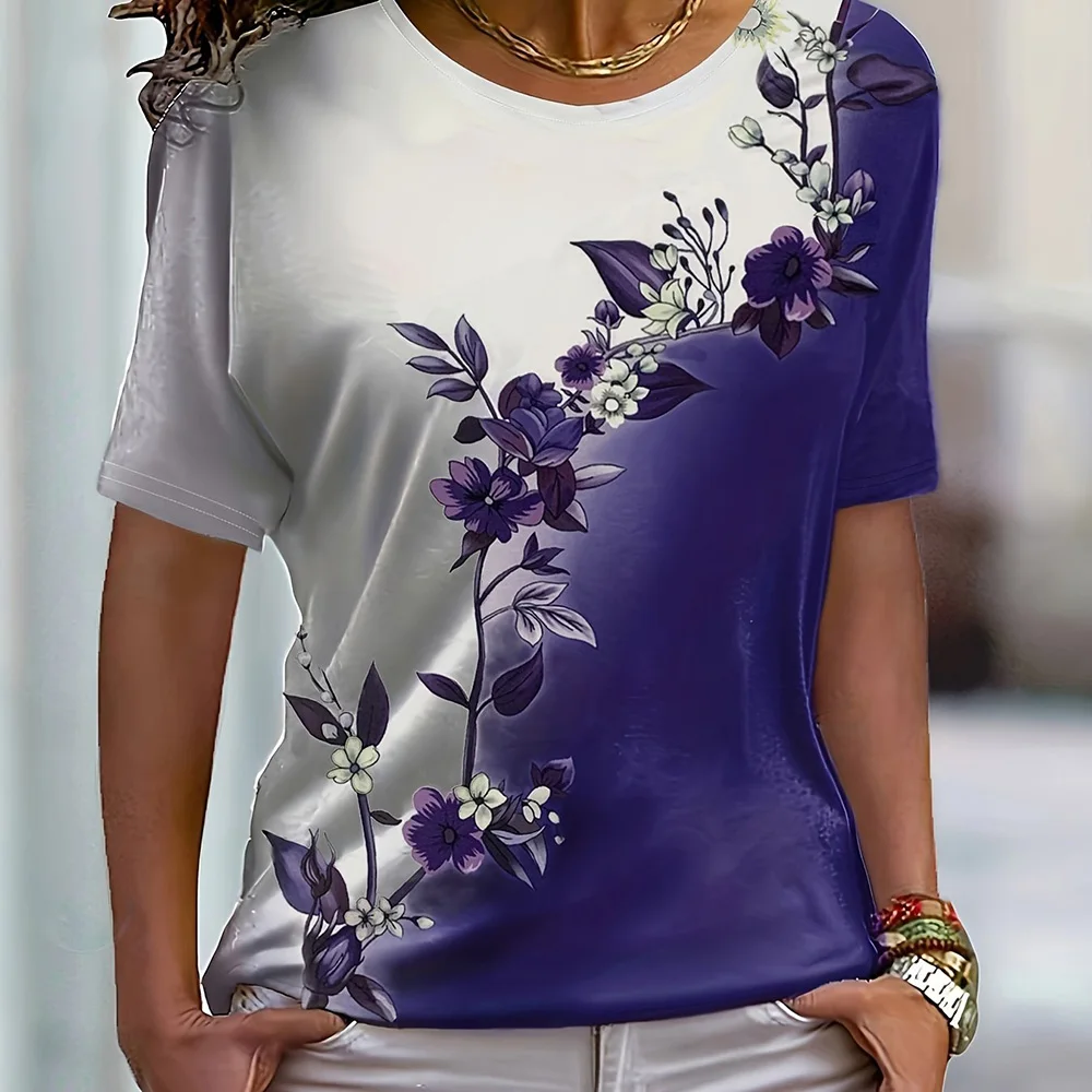 2024 新しい女性のカラーブロック Tシャツ夏のファッション半袖トップフラワープリントルーズ服女性のパーティー Tシャツ