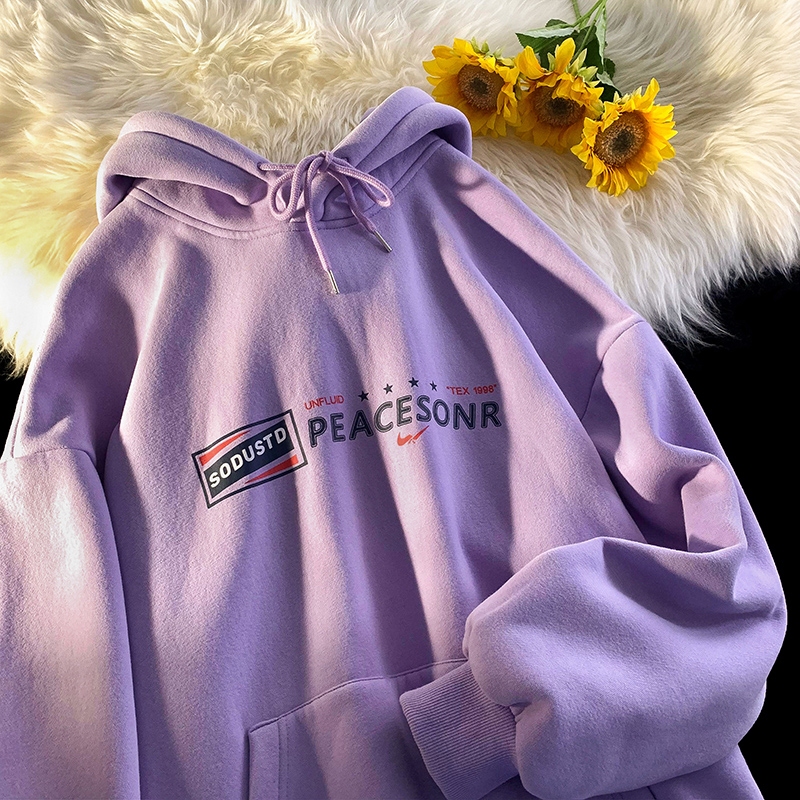 Retro American Fleece Lined Oversized Hoodie Thick Warm Purple Outerwear Loose Comfortable Long Sleeve Cotton Sweatshirt