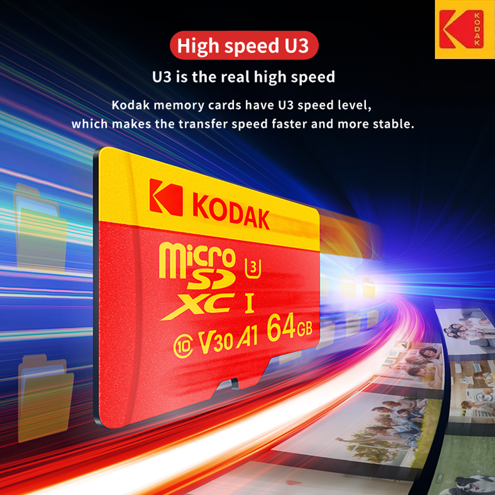 Adattatore per scheda MicroSDXC ad alta velocità Kodak-32GB-256GB, UHS-I U3 V30 A1, per laptop, smartphone, telecamere di sorveglianza e Dash cam