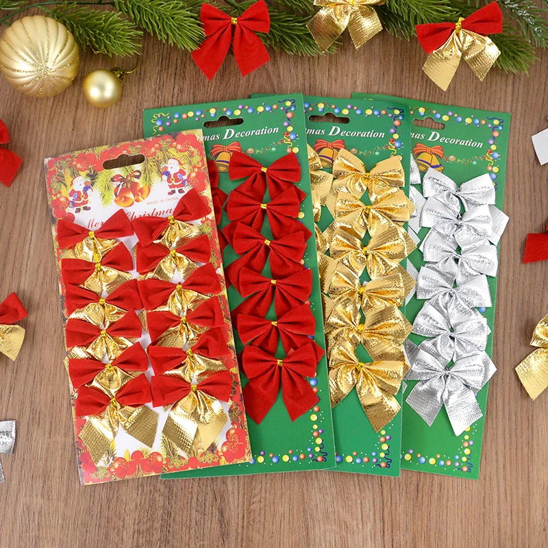 12/24pcs คริสต์มาสโบว์สีแดงทอง MINI Xmas Tree Bowknot จี้เครื่องประดับสําหรับตกแต่งบ้าน Navidad ปีใหม่ DIY ของขวัญ