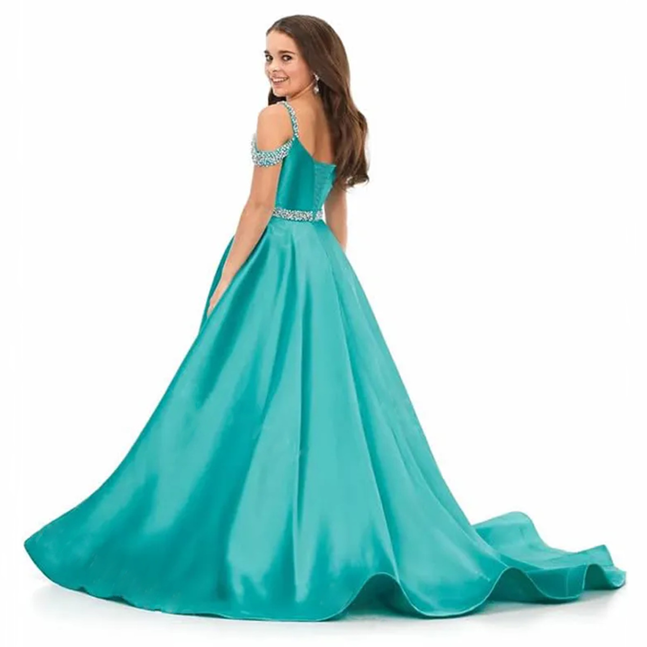 Elegante Satin-Kleider für Hochzeiten, lang, mit Perlen verziert, schulterfrei, Geburtstag, Blumenmädchenkleid, formelle Abendkleider für Mädchen