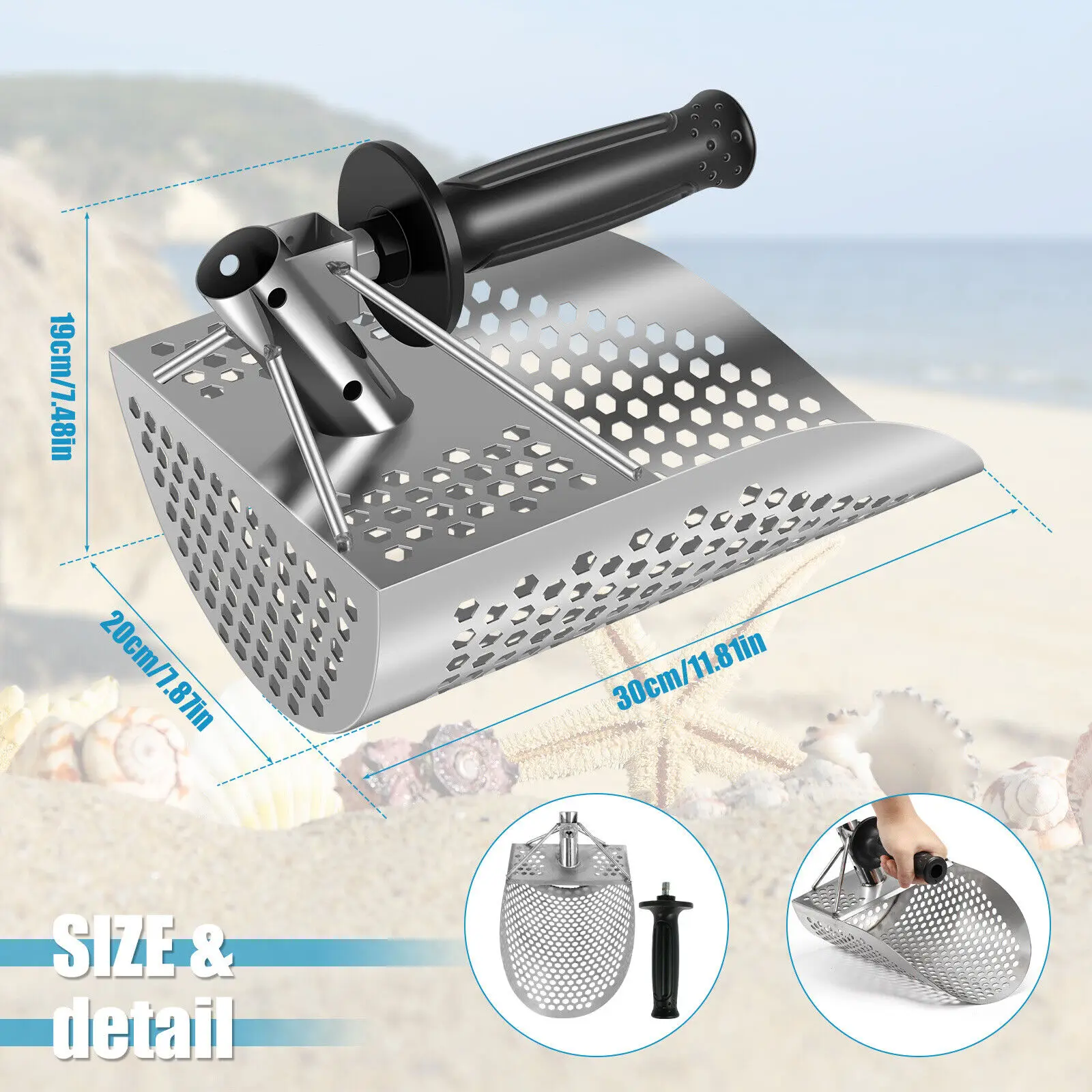 Sand Scoop for Metal Detecting, Heavy Duty Metal Detector Beach Finds Scoop, Stainless Steel Metal Detecting Tool