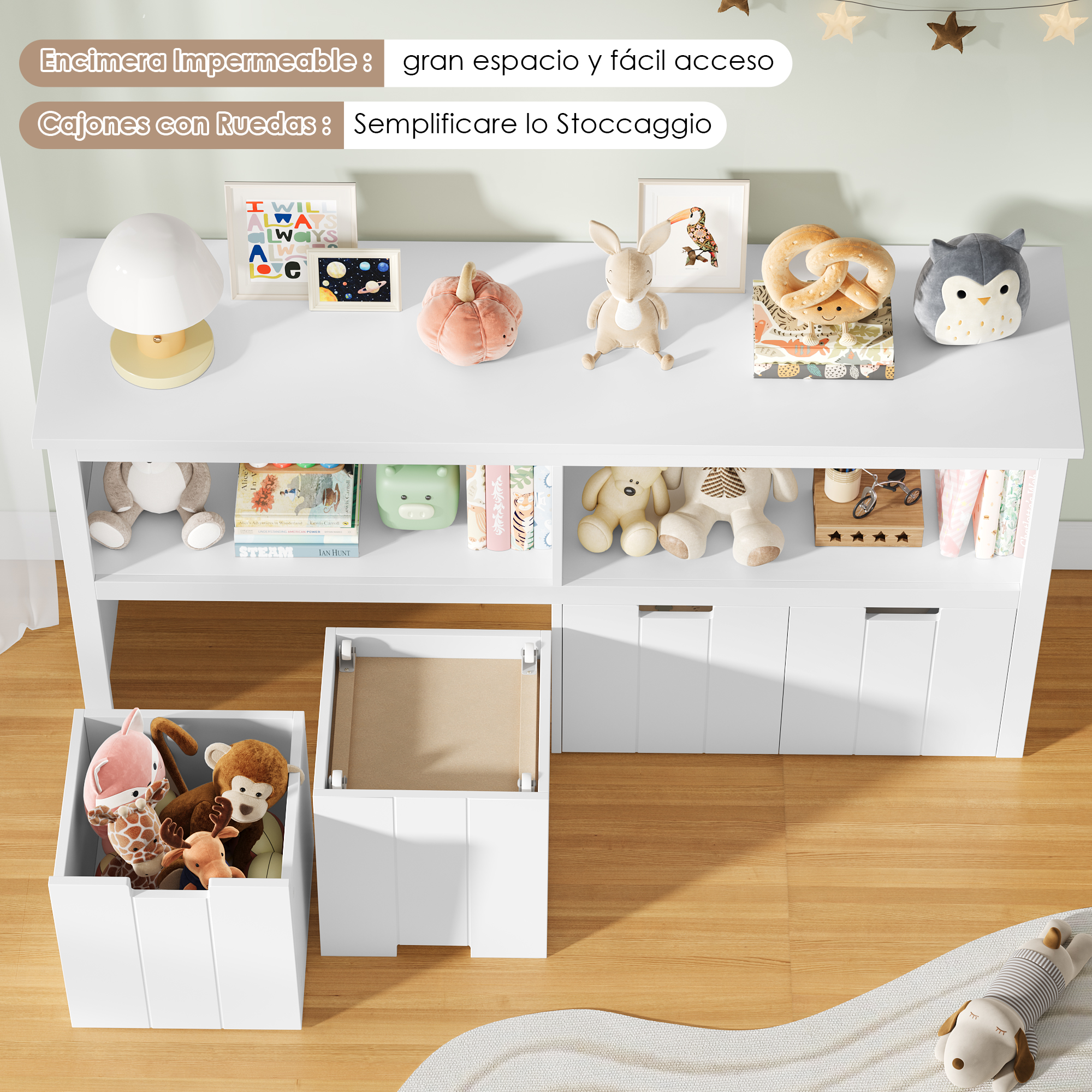 Getone Meuble de Rangement Jouets Enfant avec 4 Tiroirs Roulants Meuble Rangement Enfant Bibliothèque Enfant aArmoire Chambre Enfant Organisateur de Jouets Salle de Jeu pour Chambre d’Enfant 120x33x61,5cm Blanc