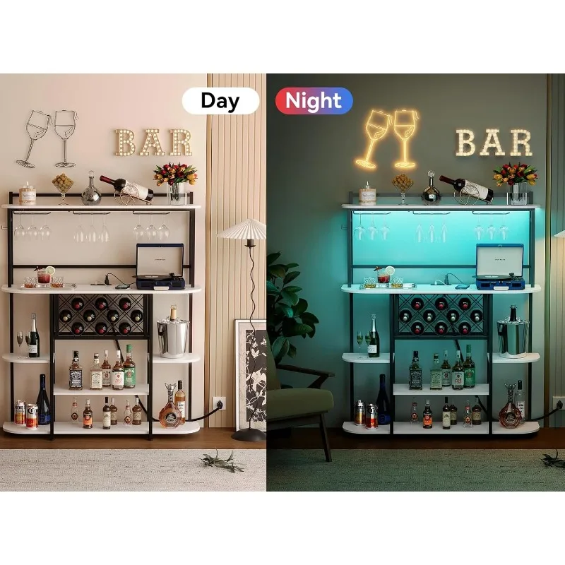 Bar Table Cabinet with Power Outlets, LED Lights, 47in Home Bar Cabinet with Wine Racks, Glass Holder 5-Tier Metal