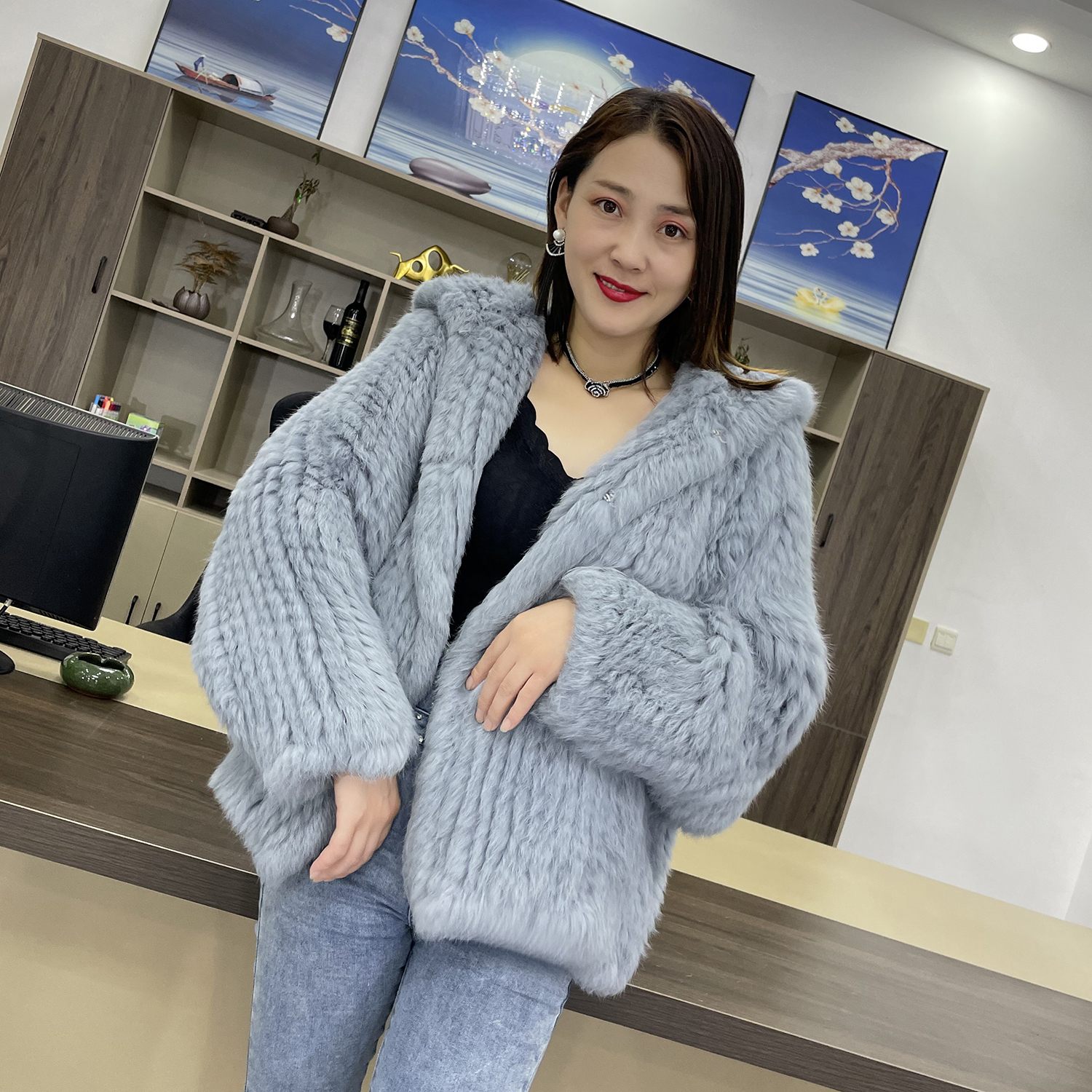 MPPM-Casaco com capuz de pele de coelho natural feminino, pele de coelho real, jaqueta manga comprida casual solta